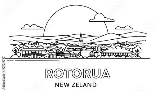Canvas Print Outline drawing of Rotorua city landscape in New Zealand with mountains