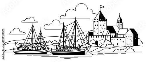 Medieval castle fortress by the lake with sailing boats