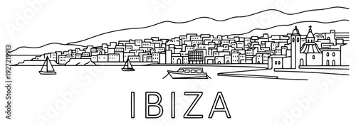 Ibiza island city skyline with boats and old town linear drawing