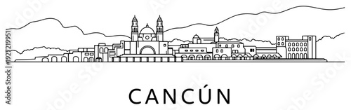 Cancun city skyline with coastal architecture and mountains linear drawing