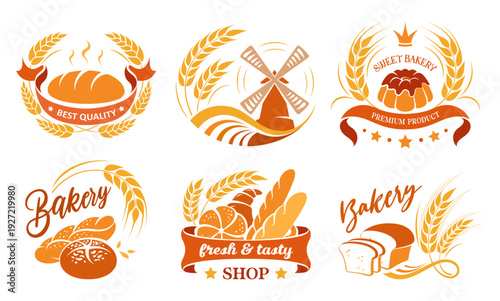 Wheat ears and bread icons. Set of vector organic product labels. Organic wheat, fresh bread, agriculture and natural eat. Isolated signs and symbols for bakery, shop and cafe. Vector
