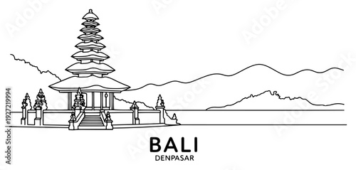 Bali Denpasar skyline with traditional hindu temple and mountains linear illustration