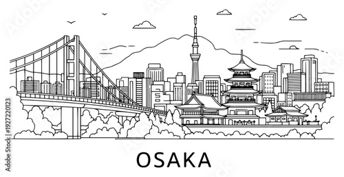 Osaka city skyline with bridge and castle linear illustration