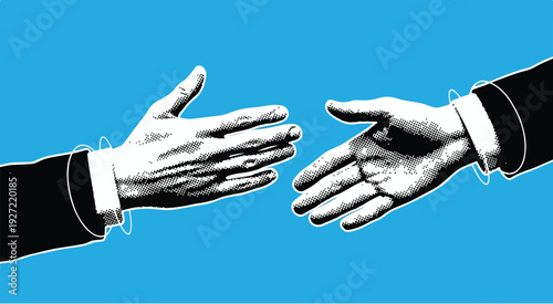 Businessman hands shaking in a partnership agreement vector illustration symbol representing a successful deal and help between people over a blue background