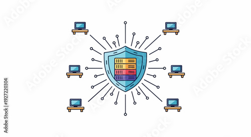 Network security shield protecting computer servers from digital threats and cyber attacks, data protection concept