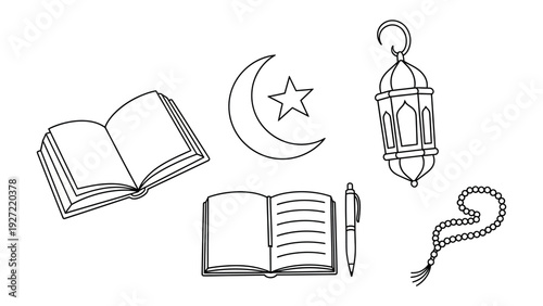 Islamic Symbols Illustration: A collection of symbolic elements associated with Islamic faith, artfully depicted.