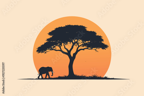 Sunset safari scene with silhouettes of a lion horse tree and elephants in the savanna