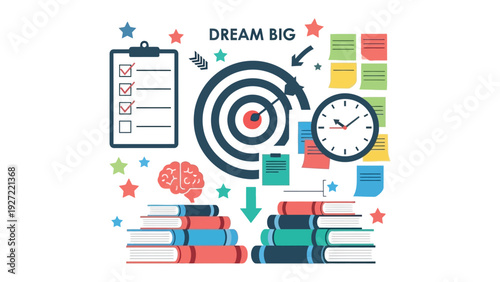 Dream Big: A vibrant illustration showcasing the key elements of achieving aspirations, from a defined target to a plan, with the driving force of knowledge and time