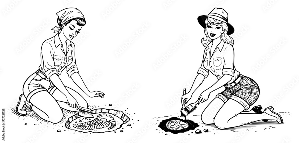 Obraz premium Two female archaeologists excavating ancient fossils with brushes in sketch style