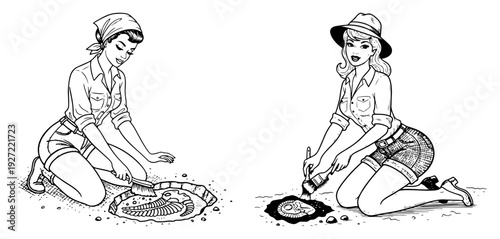 Two female archaeologists excavating ancient fossils with brushes in sketch style