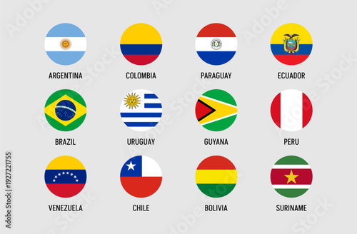 South America flags collection in circular format, detailed vector illustration with 12 national flag icons, vibrant colors, clean modern design