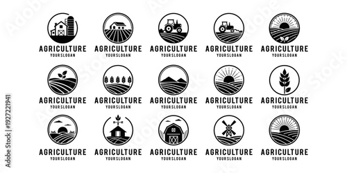 Clean agriculture logo set for farm, forestry, and natural product brands