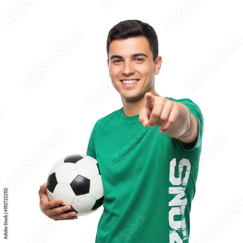 Young man holding soccer ball isolated on transparent background