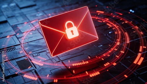 Cybersecurity concept with glowing red envelope and padlock representing encrypted email message, 3D illustration of secure digital communication and data privacy protection against spam phish