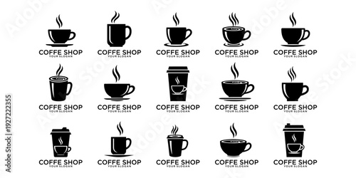 Minimalist coffee shop logo collection in clean vector illustration on white background