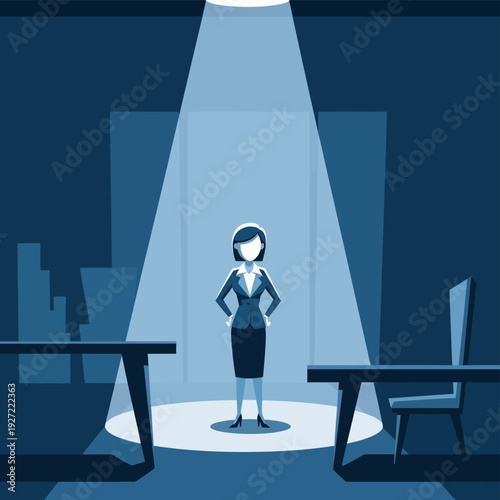 Businesswoman Standing Under Spotlight Office.