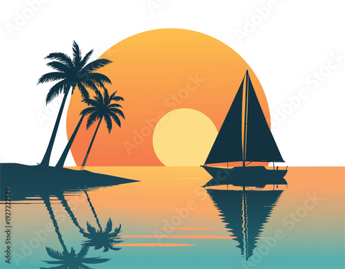 Sunset Sailboat on Tropical Beach with Palm Trees