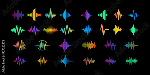 Colorful audio waveform logo collection on black background, suitable for music brands, podcast logos, sound equalizer icons, audio technology, and modern digital media identities