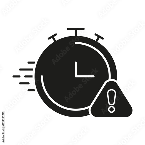 Speedy Stopwatch With Exclamation Solid Icon. Urgent Time Management And Deadline Alert Silhouette Symbol. Fast Response Highlighted. Isolated Vector Illustration