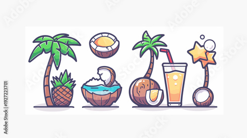 A collection of cute, cartoonish illustrations featuring tropical fruits, drinks, and palm tree designs