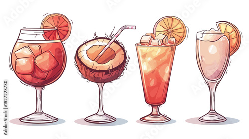 Artistic depiction of four beverages, featuring fruit garnishes and ice in different glassware types