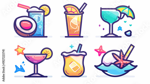 Colorful, stylized illustrations of various refreshing summer cocktails with vibrant details