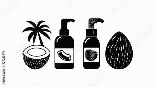 A black and white illustration of coconut-related products and elements