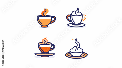 Four stylized coffee cups with steam, each on a saucer, rendered with simple lines
