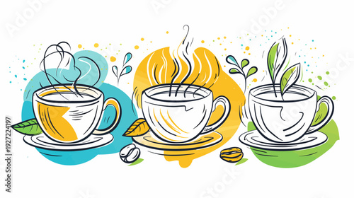 Three stylized mugs with coffee, tea, or a similar beverage. Colorful abstract background