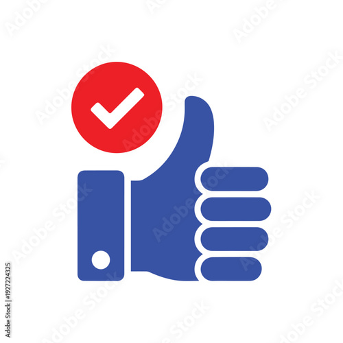 Blue vector thumbs up hand icon with red check mark symbol representing positive customer feedback, successful approval, social media like, agreement, and quality verification concept