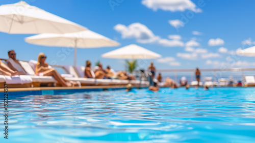 Relaxing Passengers Enjoy a Sunny Day by the Pool on a Cruise Ship Sun Deck With Luxurious Amenities and Activities