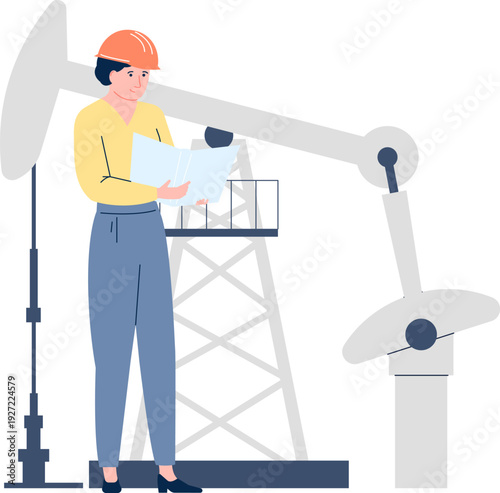 Oil jack pump worker in hard hat color character