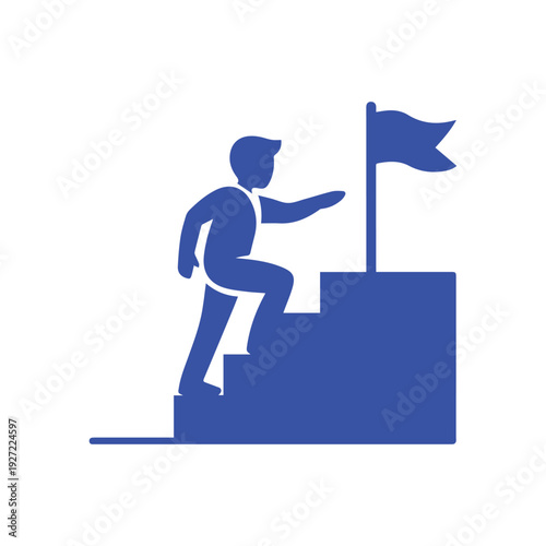 Blue vector businessman silhouette climbing stairs towards flag representing career success, goal achievement, leadership ambition, financial growth, and reaching top position concept