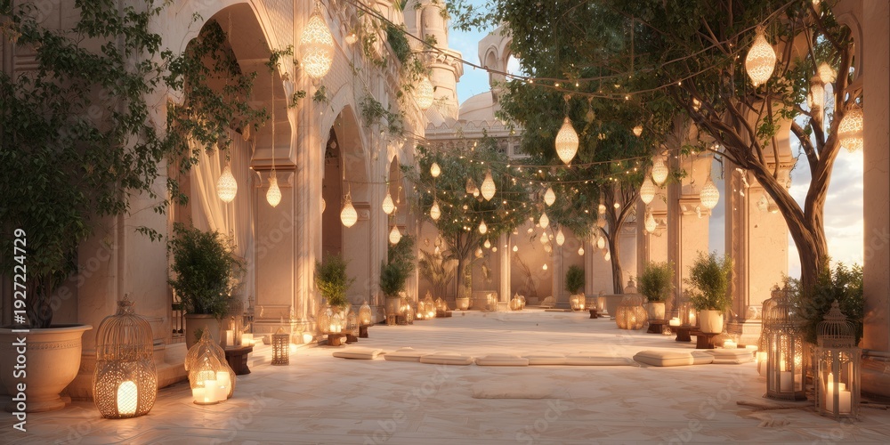 Obraz premium Decorative lanterns light up a courtyard during the evening in a historic setting