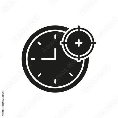 Clock With Target Solid Icon. Time Management, Precision, And Goal Setting Silhouette Symbol. Timely Decision-Making Focus. Isolated Vector Illustration