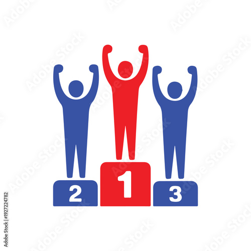 Red and blue vector winners podium icon with three people celebrating victory, representing first place achievement, team competition success, sports ranking, and business leadership concept