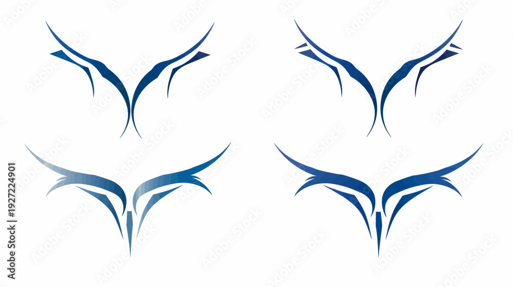 Naklejka premium Four stylized blue abstract designs on a white background, symmetrical and dynamic