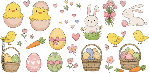 Easter themed illustrations with eggs chicks bunnies baskets and flowers
