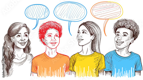 Illustration of diverse individuals in colorful attire, each with a speech bubble, conveying communication