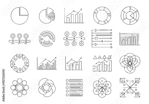 Collection of business charts and graphs icons in line style