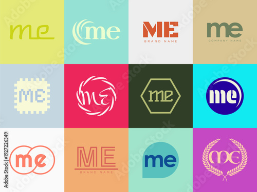 ME logo company template. Letter m and e logotype. Set different classic serif lettering and modern bold text with design elements. Initial font typography.