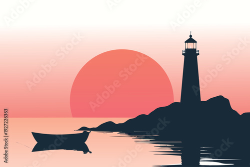A silhouette of a majestic lighthouse tower stands as a beacon on the Greek coast, captured at dusk against a vibrant orange sky where the sun meets the sea and ocean