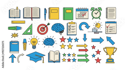 Education & Success Icons: A collection of vibrant and colorful icons representing education, knowledge, and achievement, perfect for educational materials and business graphics.
