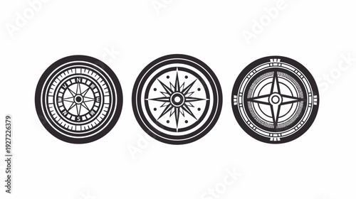 Three stylized circular compass designs presented on a white background, black and white illustrations