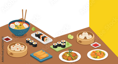 Isometric illustration of a table featuring a diverse spread of Asian cuisine: ramen, sushi, dim sum, and noodles, on a white and yellow background.