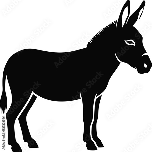 Black silhouette of a donkey standing on a white background
