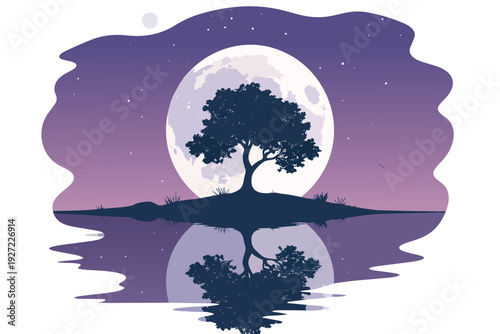 Silhouette of tree on beach with moon vector illustration