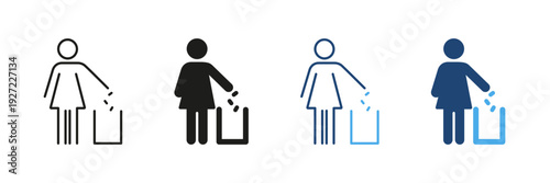 Female Figure Throwing Trash In Bin Line And Solid Icon Set. Waste Disposal, Environmental Responsibility, And Cleanliness Outline And Silhouette Symbol Collection. Isolated Vector Illustration