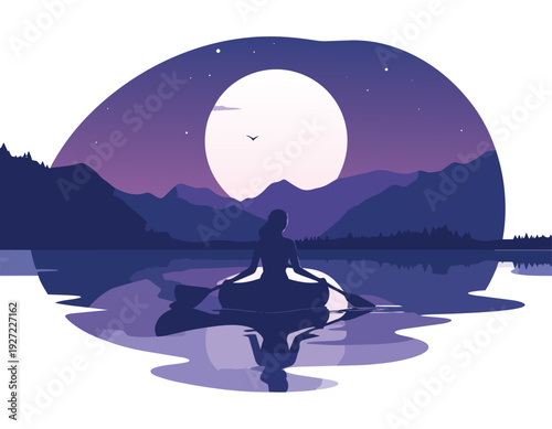 Man sitting in silhouette under moonlit night with stars and ocean background
