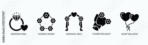 Bridal Bliss Icon Set Isolated Vector With Icon Of Wedding Ring, Flower Crown, Wedding Arch, Flower Bouquet, Heart Balloon, ,  In Black Style